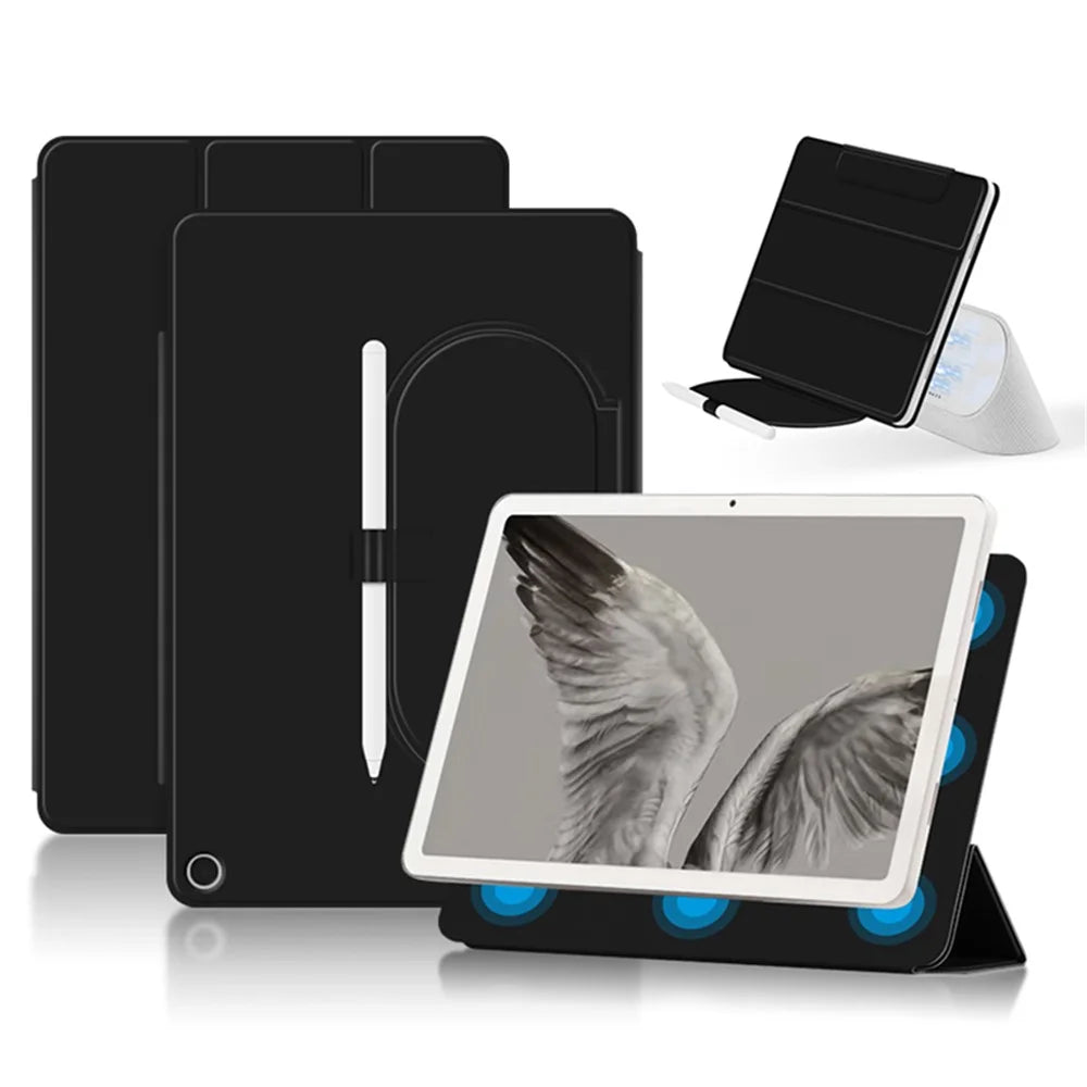 For Google Pixel Tablet Tri-fold Stand Cover PU Leather Magnetic Attachment Tablet Case - Black - 1