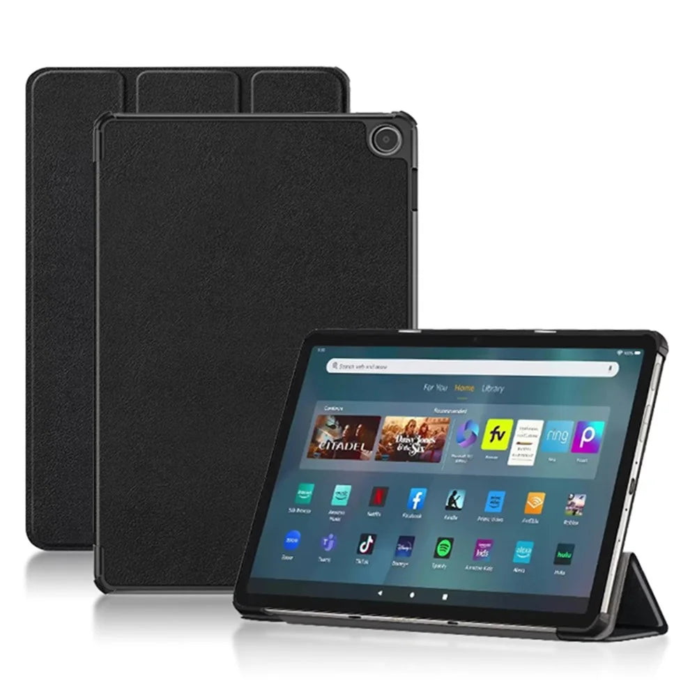 For Amazon Fire Max 11 Tri-fold Stand Tablet Case PU Leather Auto Wake / Sleep Full Body Protection Cover - Black - 1