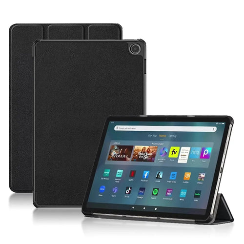 For Amazon Fire Max 11 Tri-fold Stand Tablet Case PU Leather Auto Wake / Sleep Full Body Protection Cover - Black - 1