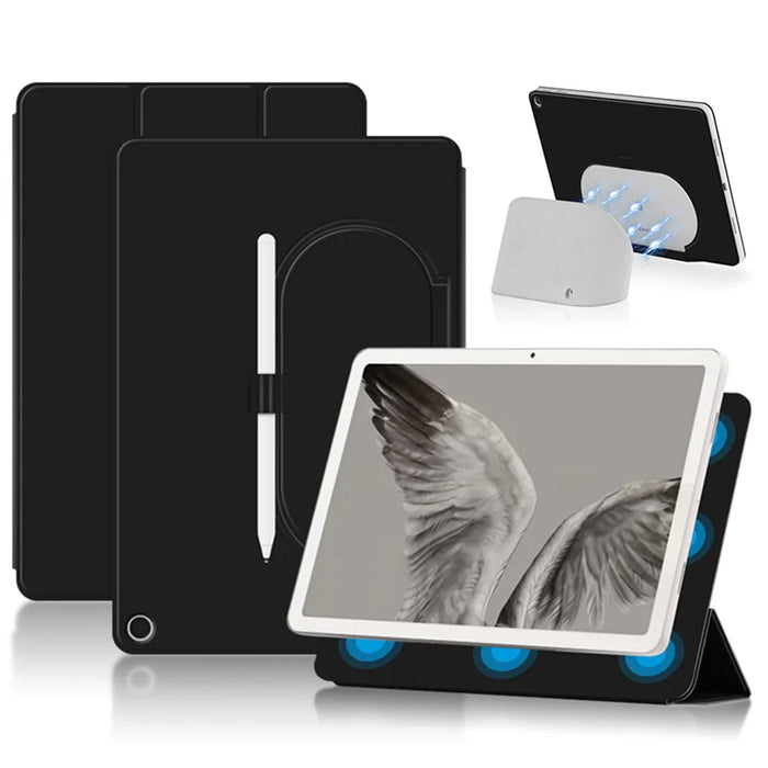 For Google Pixel Tablet Trifold Stand Magnetic Leather Tablet Cover Pen Holder Case with Hole for Charger Speaker Dock - Black - 1