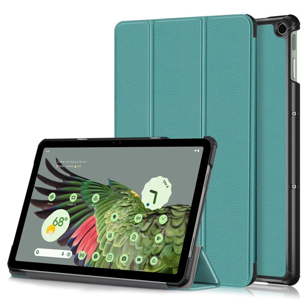 Pure Color Protective Case for Google Pixel Tablet PU Leather Anti-drop Tablet Cover with Case Tri-fold Stand - Blackish Green - 1