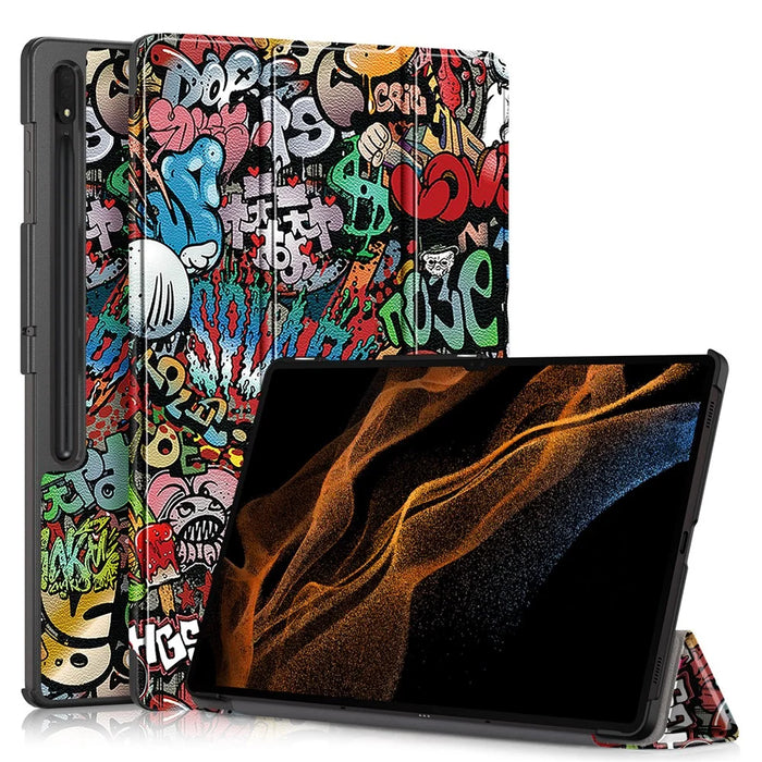 Tablet Leather Case for Samsung Galaxy Tab S10 Ultra Wi-Fi SM-X920 SM-X926B / Tab S9 Ultra SM-X910 M-X916B SM-X918 , Tri-Fold Stand Pattern Printed Cover - Graffiti - 1