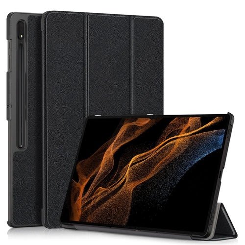 Leather Case for Samsung Galaxy Tab S10 Ultra Wi-Fi SM-X920 SM-X926B / Tab S9 Ultra SM-X910 M-X916B SM-X918U , Tri-Fold Stand Anti-Drop Tablet Cover - Black - 1