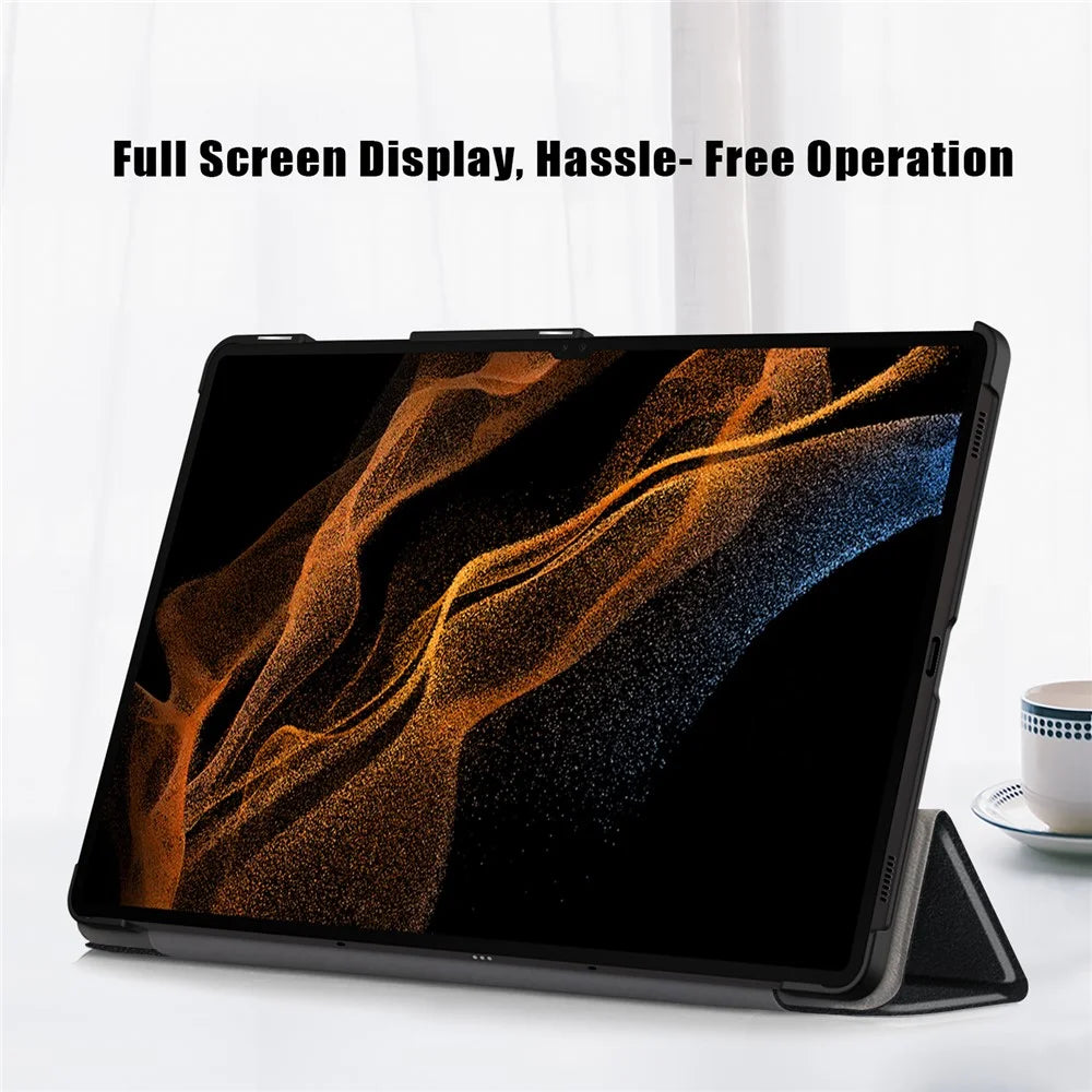 Leather Case for Samsung Galaxy Tab S10 Ultra Wi-Fi SM-X920 SM-X926B / Tab S9 Ultra SM-X910 M-X916B SM-X918U , Tri-Fold Stand Anti-Drop Tablet Cover - Black - 3