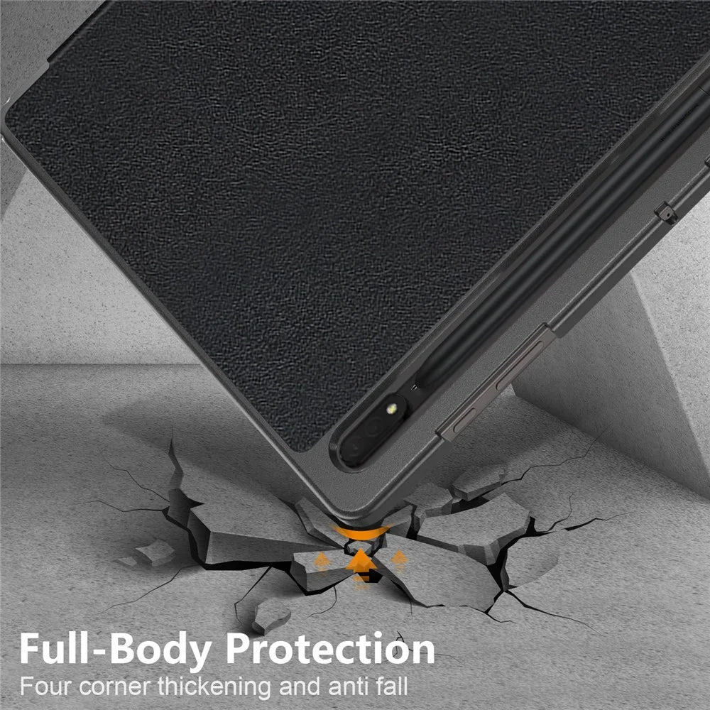 Leather Case for Samsung Galaxy Tab S10 Ultra Wi-Fi SM-X920 SM-X926B / Tab S9 Ultra SM-X910 M-X916B SM-X918U , Tri-Fold Stand Anti-Drop Tablet Cover - Black - 7