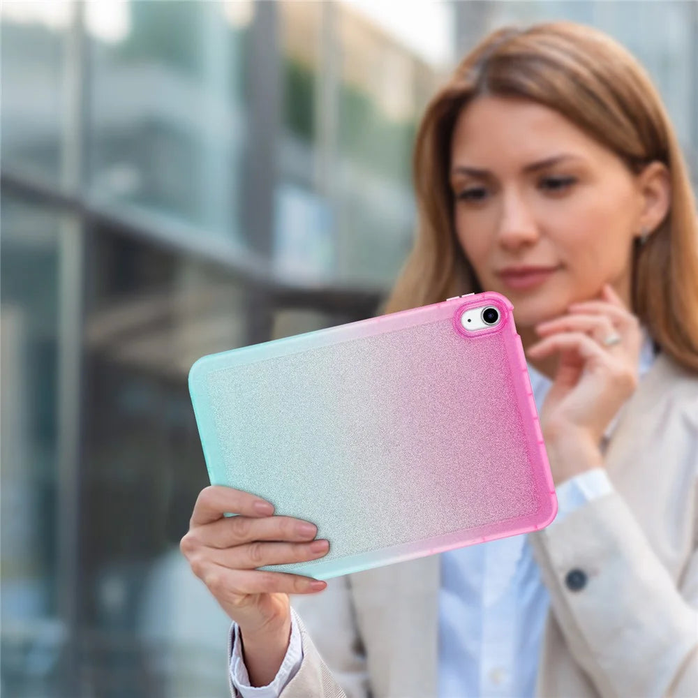 For iPad (2025) / 10.9 (2022) Anti-Drop TPU Case Gradient Glitter Shockproof Tablet Back Cover - Pink / Green - 7