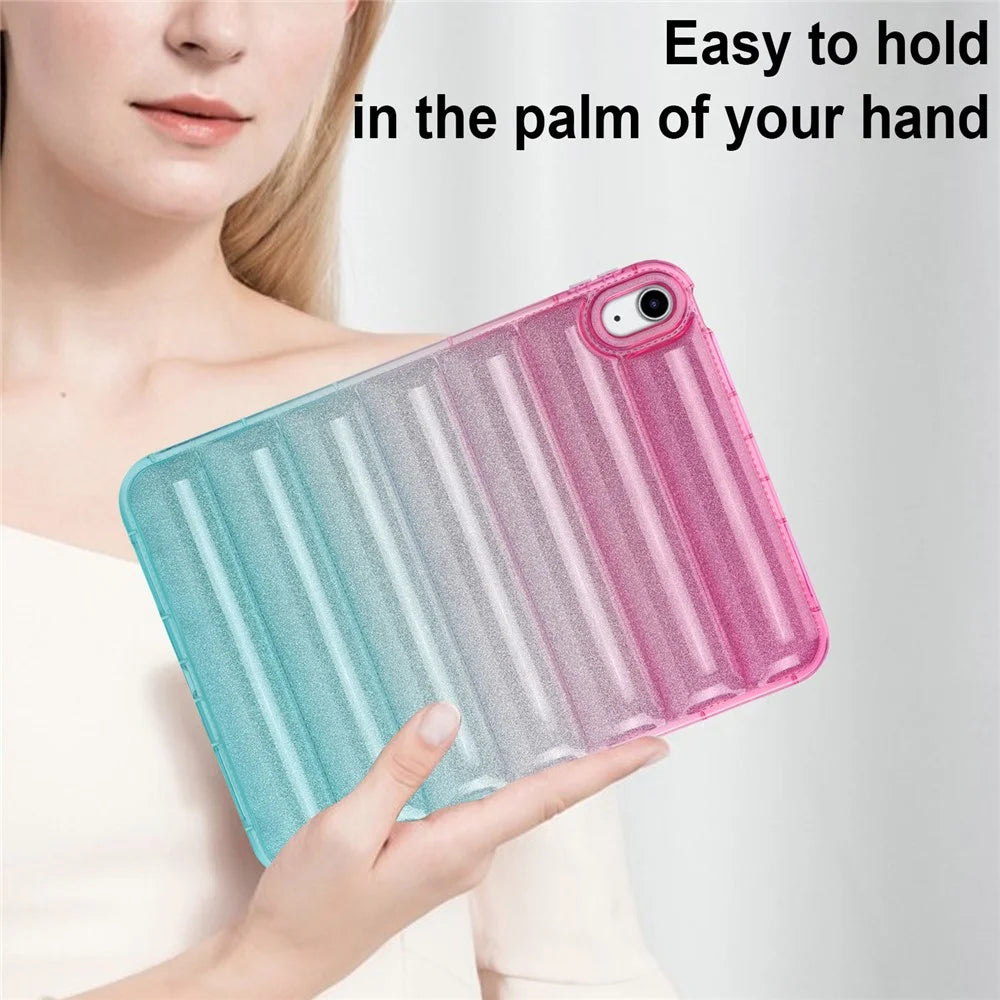 For iPad (2025) / 10.9 (2022) Soft TPU Tablet Case Gradient Glitter Down Jacket Design Anti-Drop Cover - Pink / Green - 7