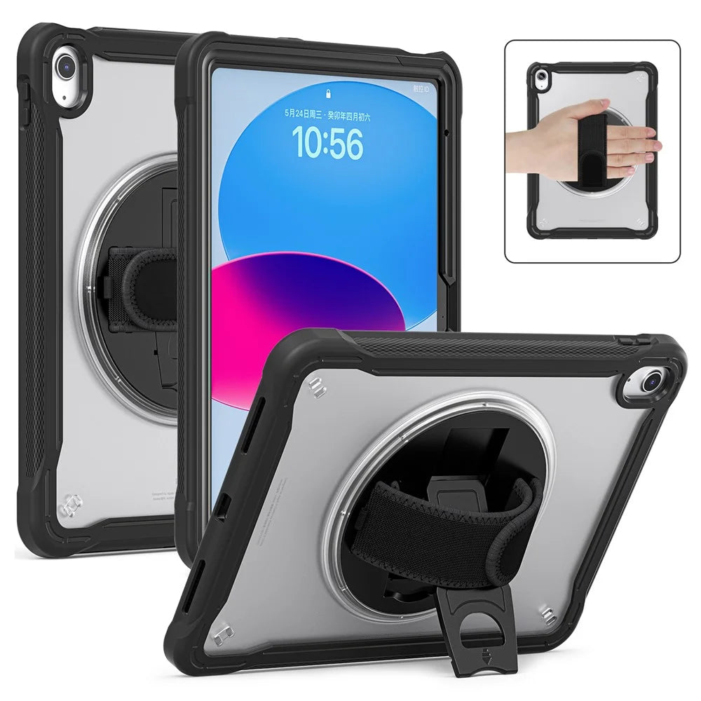 Kickstand Tablet Case for iPad (2025) / 10.9 (2022) Rotary Hand Strap TPU+PC Tablet Cover - Black - 1