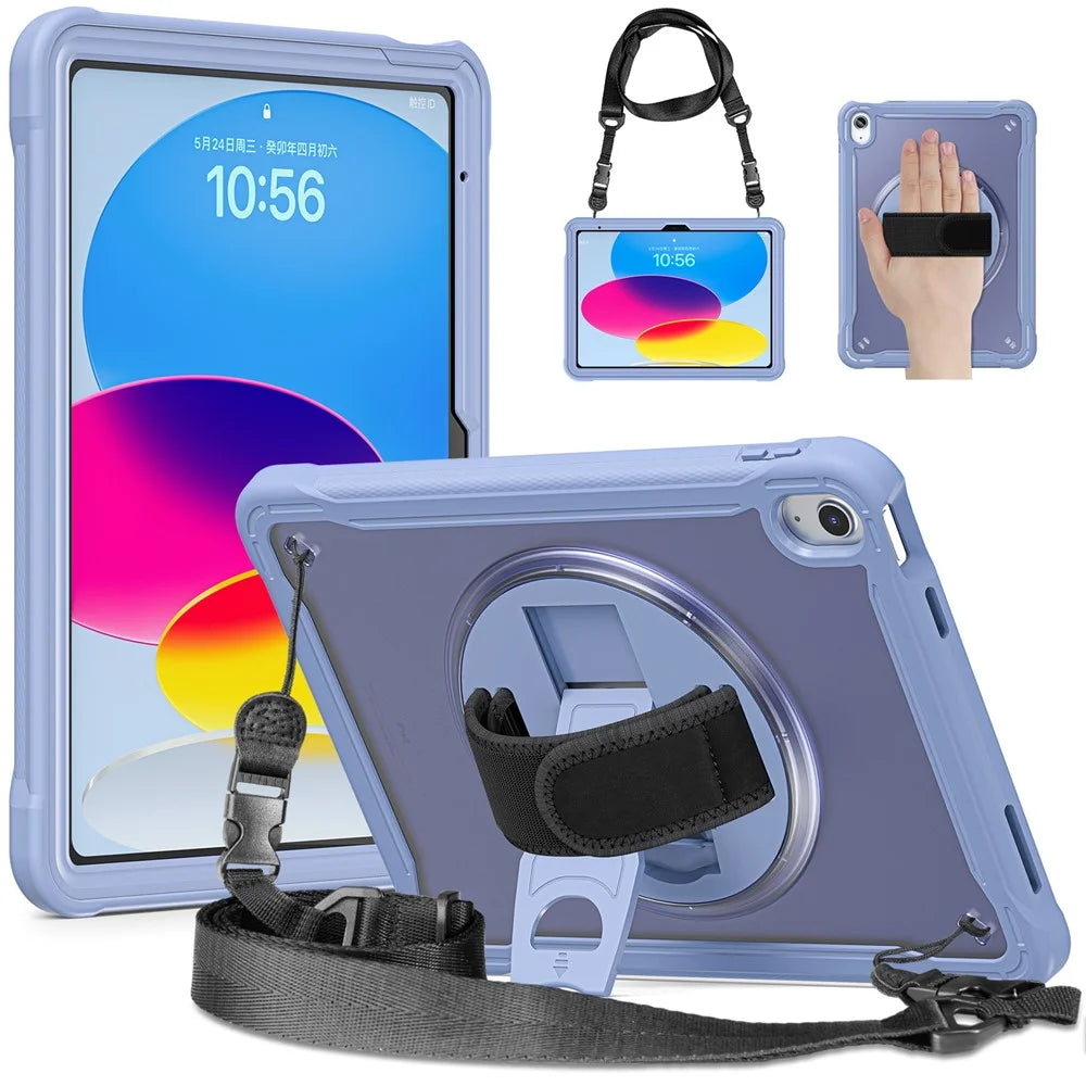 For iPad (2025) / 10.9 (2022) 360-Degree Swivel Kickstand PC+TPU Cover Hand Strap Design Tablet Case with Shoulder Strap - Lavender Gray - 1