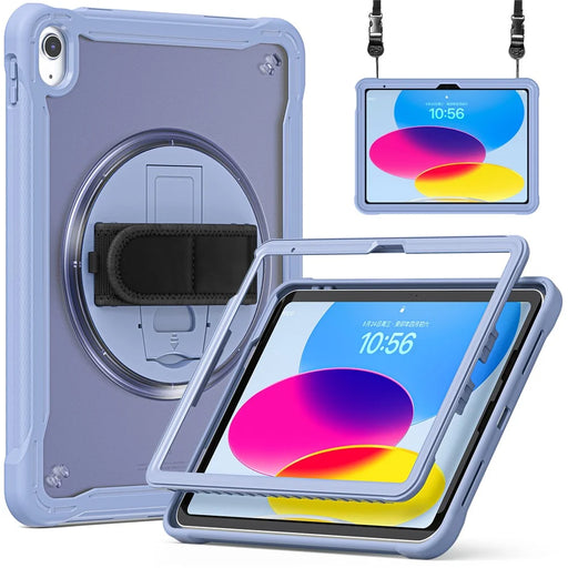 For iPad (2025) / 10.9 (2022) 360-Degree Swivel Kickstand PC+TPU Cover Hand Strap Design Tablet Case with Shoulder Strap - Lavender Gray - 2