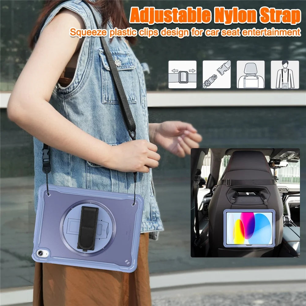 For iPad (2025) / 10.9 (2022) 360-Degree Swivel Kickstand PC+TPU Cover Hand Strap Design Tablet Case with Shoulder Strap - Lavender Gray - 3
