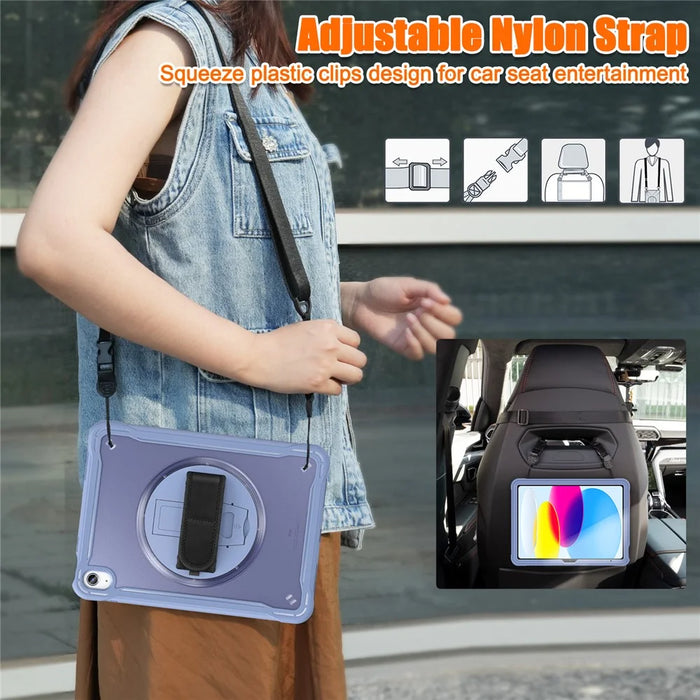 For iPad (2025) / 10.9 (2022) 360-Degree Swivel Kickstand PC+TPU Cover Hand Strap Design Tablet Case with Shoulder Strap - Lavender Gray - 3