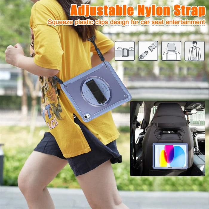 For iPad (2025) / 10.9 (2022) 360-Degree Swivel Kickstand PC+TPU Cover Hand Strap Design Tablet Case with Shoulder Strap - Lavender Gray - 4
