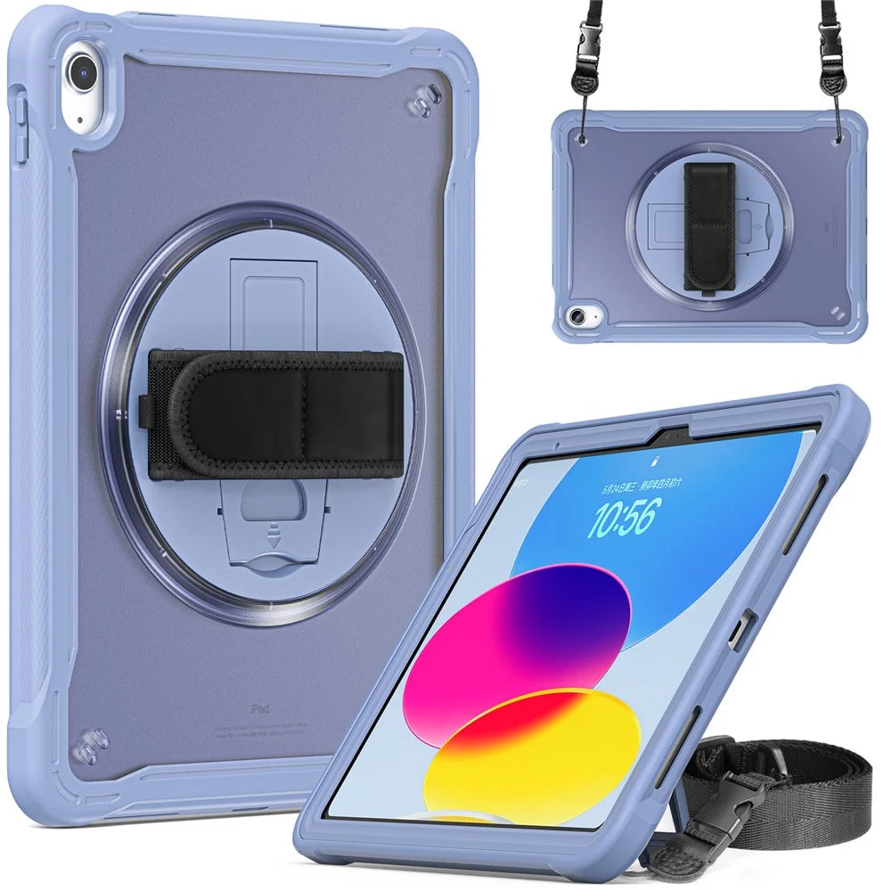 For iPad (2025) / 10.9 (2022) 360-Degree Swivel Kickstand PC+TPU Cover Hand Strap Design Tablet Case with Shoulder Strap - Lavender Gray - 5