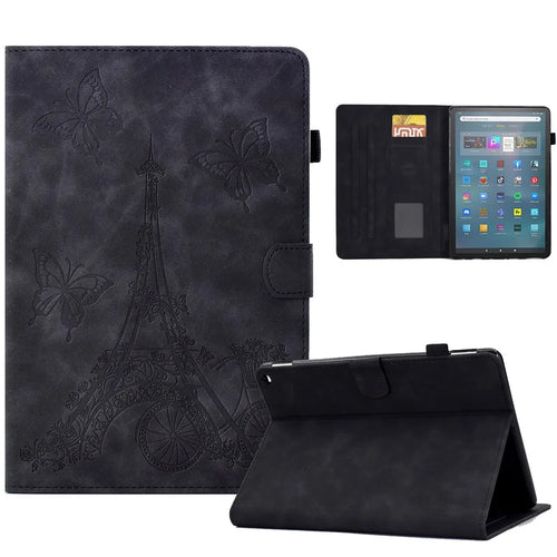 For Amazon Fire Max 11 Stand Folio Tablet Case Microfiber Leather Iron Tower Imprinted Smart Cover with Card Slot - Black - 1