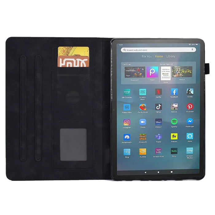 For Amazon Fire Max 11 Stand Folio Tablet Case Microfiber Leather Iron Tower Imprinted Smart Cover with Card Slot - Black - 2