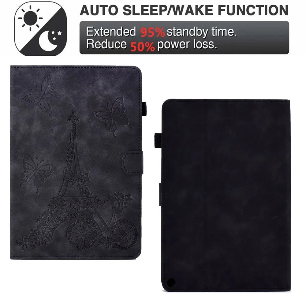 For Amazon Fire Max 11 Stand Folio Tablet Case Microfiber Leather Iron Tower Imprinted Smart Cover with Card Slot - Black - 5