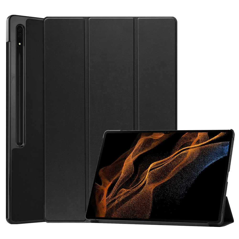 For Samsung Galaxy Tab S9 Ultra Tablet Case PU Leather Tri-fold Stand Smart Cover - Black - 1