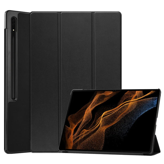 For Samsung Galaxy Tab S9 Ultra Tablet Case PU Leather Tri-fold Stand Smart Cover - Black - 1