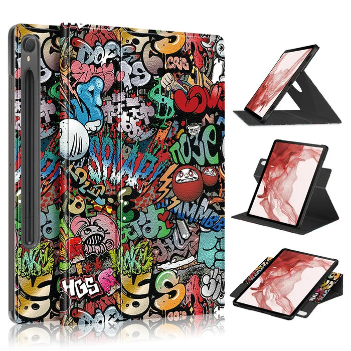 Rotating Stand Cover for Samsung Galaxy Tab S9 SM-X710, SM-X716B, SM-X718U PU Leather Pattern Printing Tablet Case - Graffiti - 1