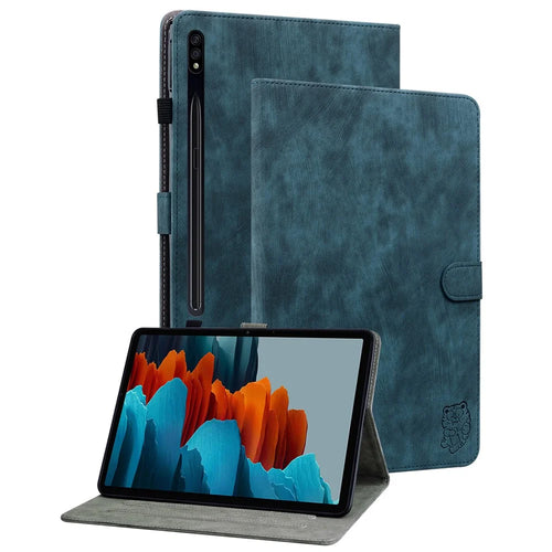 For Samsung Galaxy Tab S10+ / S9+ Imprinted Cute Tiger Pattern Tablet Case PU Leather Card Holder Stand Cover - Dark Blue - 1