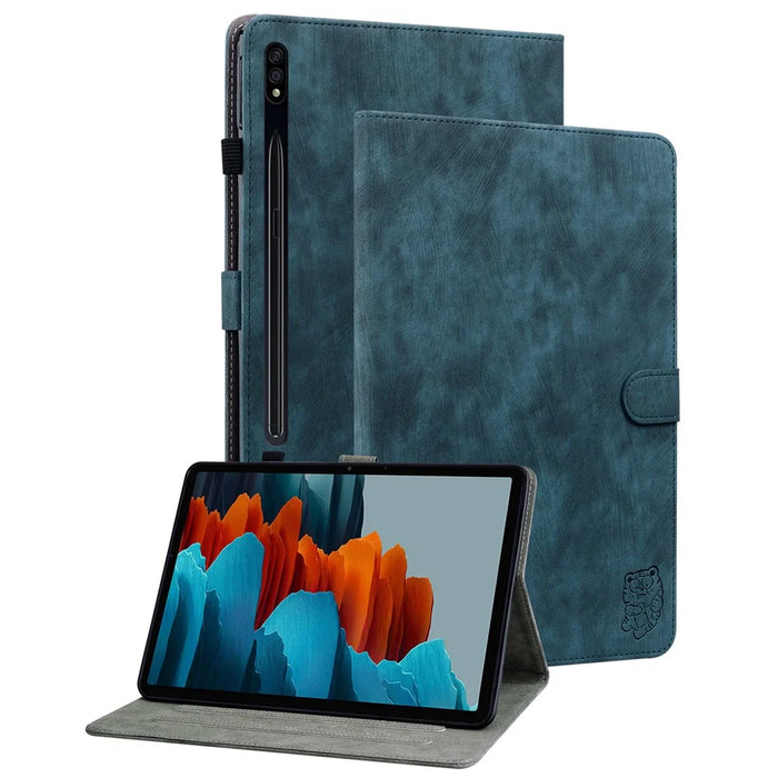 For Samsung Galaxy Tab S10+ / S9+ Imprinted Cute Tiger Pattern Tablet Case PU Leather Card Holder Stand Cover - Dark Blue - 1