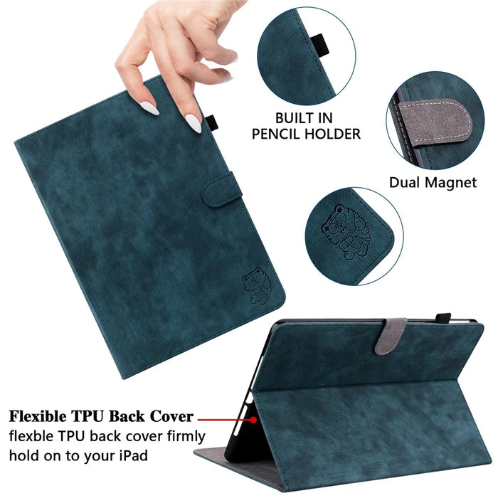 For Samsung Galaxy Tab S10+ / S9+ Imprinted Cute Tiger Pattern Tablet Case PU Leather Card Holder Stand Cover - Dark Blue - 7