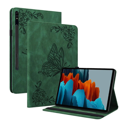 Anti-Slip Tablet Case for Samsung Galaxy Tab S10+ / S9+ PU Leather Imprinted Butterfly Flower Card Holder Stand Cover - Green - 1