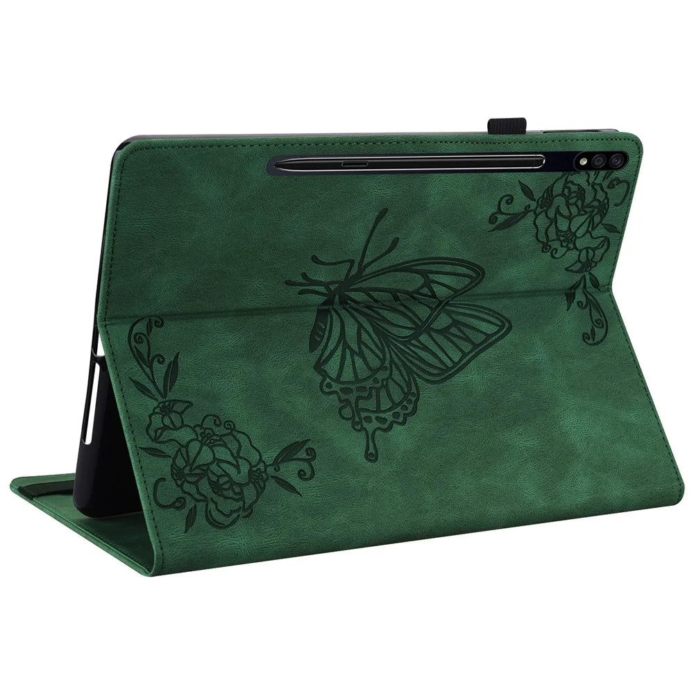 Anti-Slip Tablet Case for Samsung Galaxy Tab S10+ / S9+ PU Leather Imprinted Butterfly Flower Card Holder Stand Cover - Green - 4