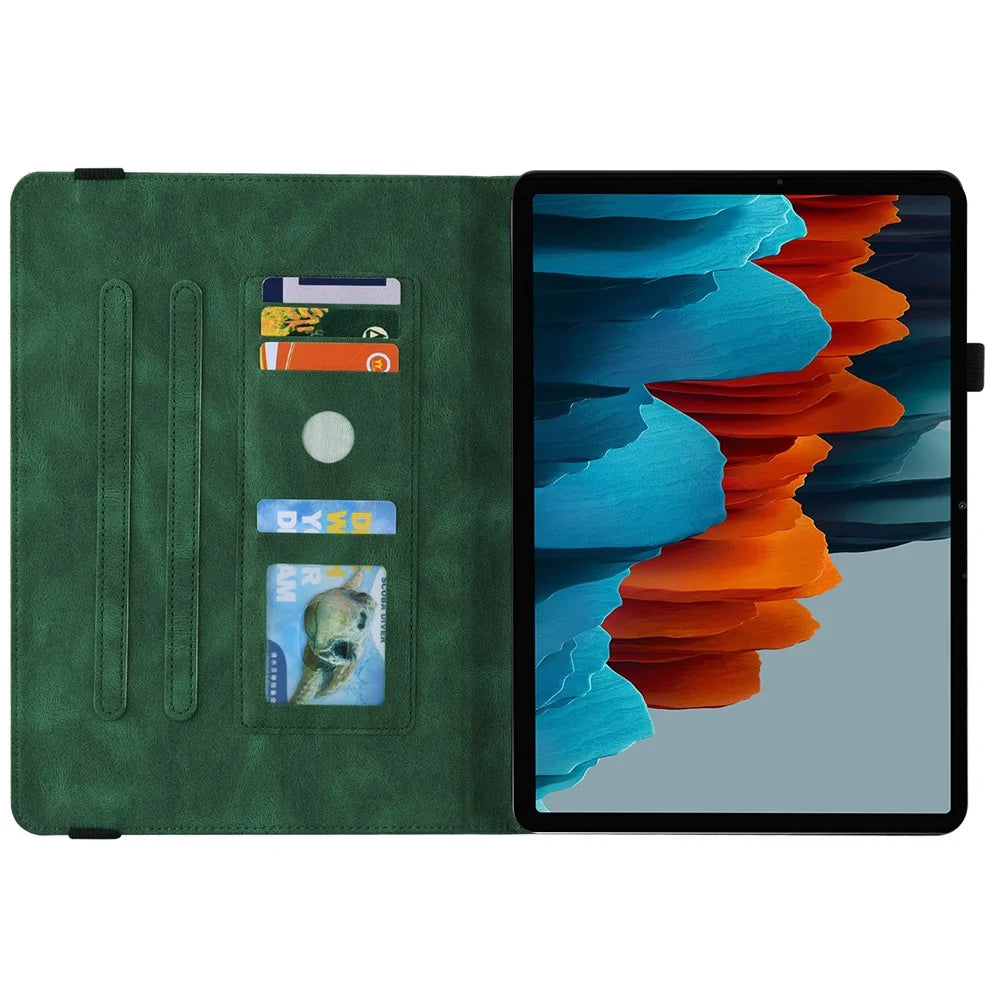 Anti-Slip Tablet Case for Samsung Galaxy Tab S10+ / S9+ PU Leather Imprinted Butterfly Flower Card Holder Stand Cover - Green - 5