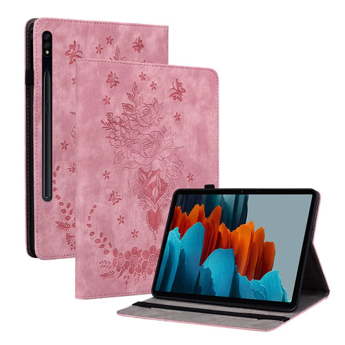 For Samsung Galaxy Tab S10+ / S9+ PU Leather Tablet Cover Butterfly Rose Imprinted Stand Case with Card Slots - Pink - 1
