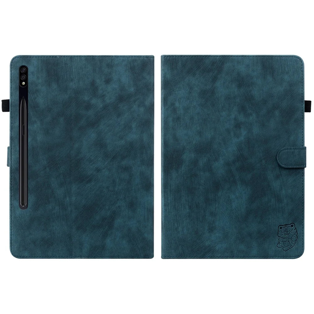 For Samsung Galaxy Tab S10 FE / S9 FE / S9 Stand Folio Tablet Case PU Leather Cute Tiger Pattern Cover with Card Holder - Dark Blue - 2