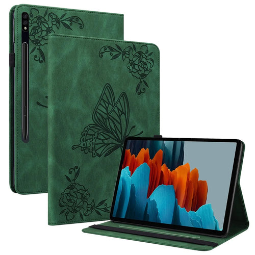 For Samsung Galaxy Tab S10 FE / S9 FE / S9 PU Leather Stand Cover Imprinted Butterfly Flower Card Holder Tablet Case - Green - 1