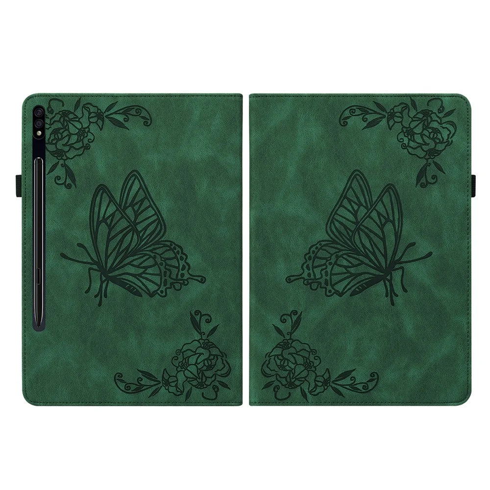 For Samsung Galaxy Tab S10 FE / S9 FE / S9 PU Leather Stand Cover Imprinted Butterfly Flower Card Holder Tablet Case - Green - 2