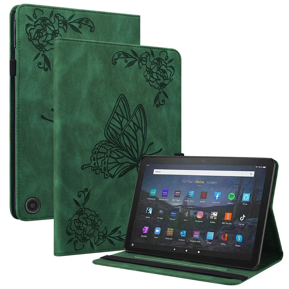 For Amazon Fire Max 11 PU Leather Tablet Case Imprinted Butterfly Flower Stand Flip Cover with Card Holder - Green - 1
