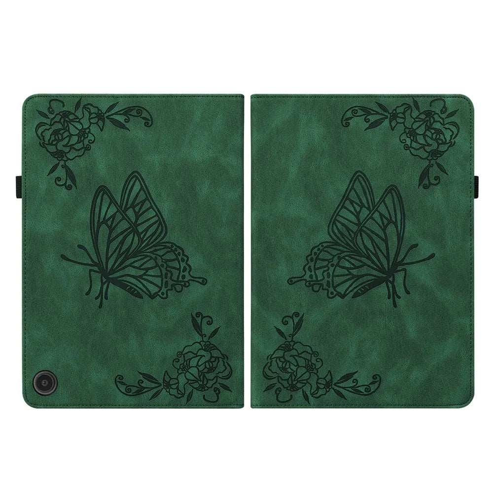 For Amazon Fire Max 11 PU Leather Tablet Case Imprinted Butterfly Flower Stand Flip Cover with Card Holder - Green - 2