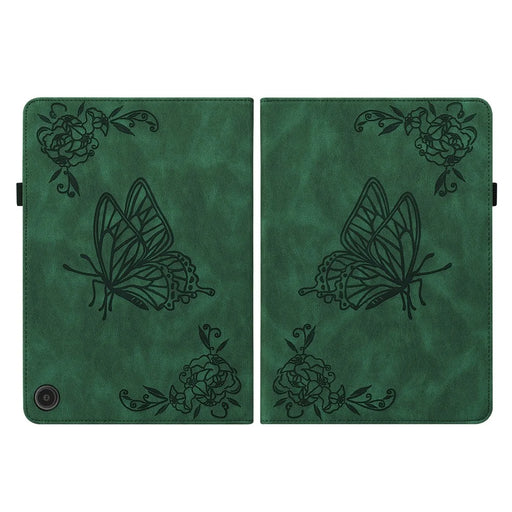 For Amazon Fire Max 11 PU Leather Tablet Case Imprinted Butterfly Flower Stand Flip Cover with Card Holder - Green - 2