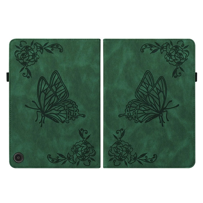 For Amazon Fire Max 11 PU Leather Tablet Case Imprinted Butterfly Flower Stand Flip Cover with Card Holder - Green - 2