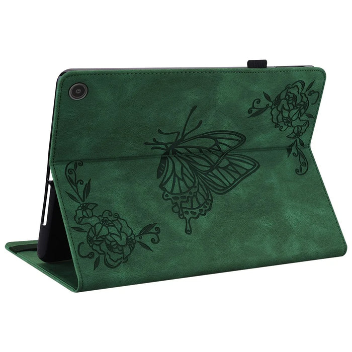 For Amazon Fire Max 11 PU Leather Tablet Case Imprinted Butterfly Flower Stand Flip Cover with Card Holder - Green - 4