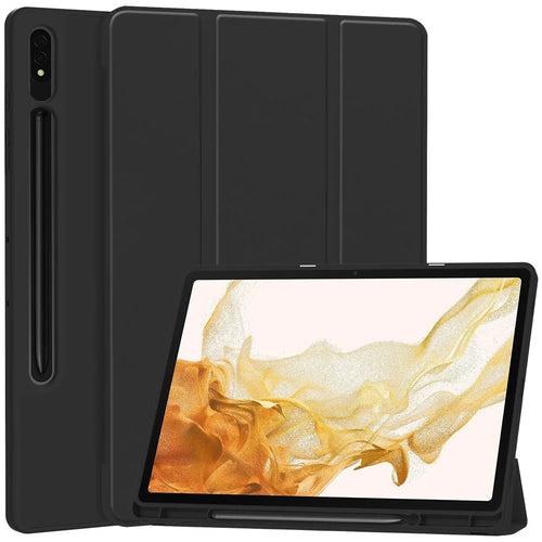 For Samsung Galaxy Tab S9+ PU Leather Case Tri-fold Stand Smart Tablet Cover with Pen Slot - Black - 1