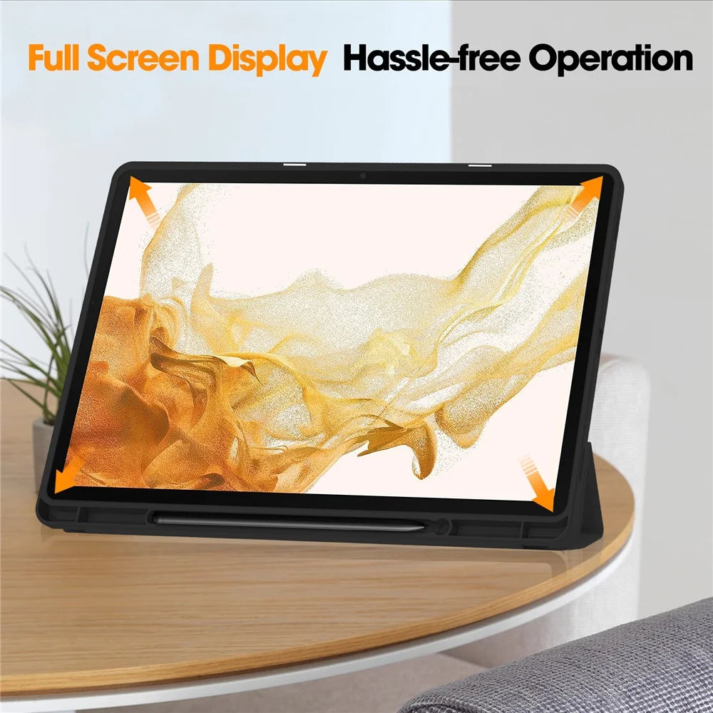 For Samsung Galaxy Tab S9+ PU Leather Case Tri-fold Stand Smart Tablet Cover with Pen Slot - Black - 4