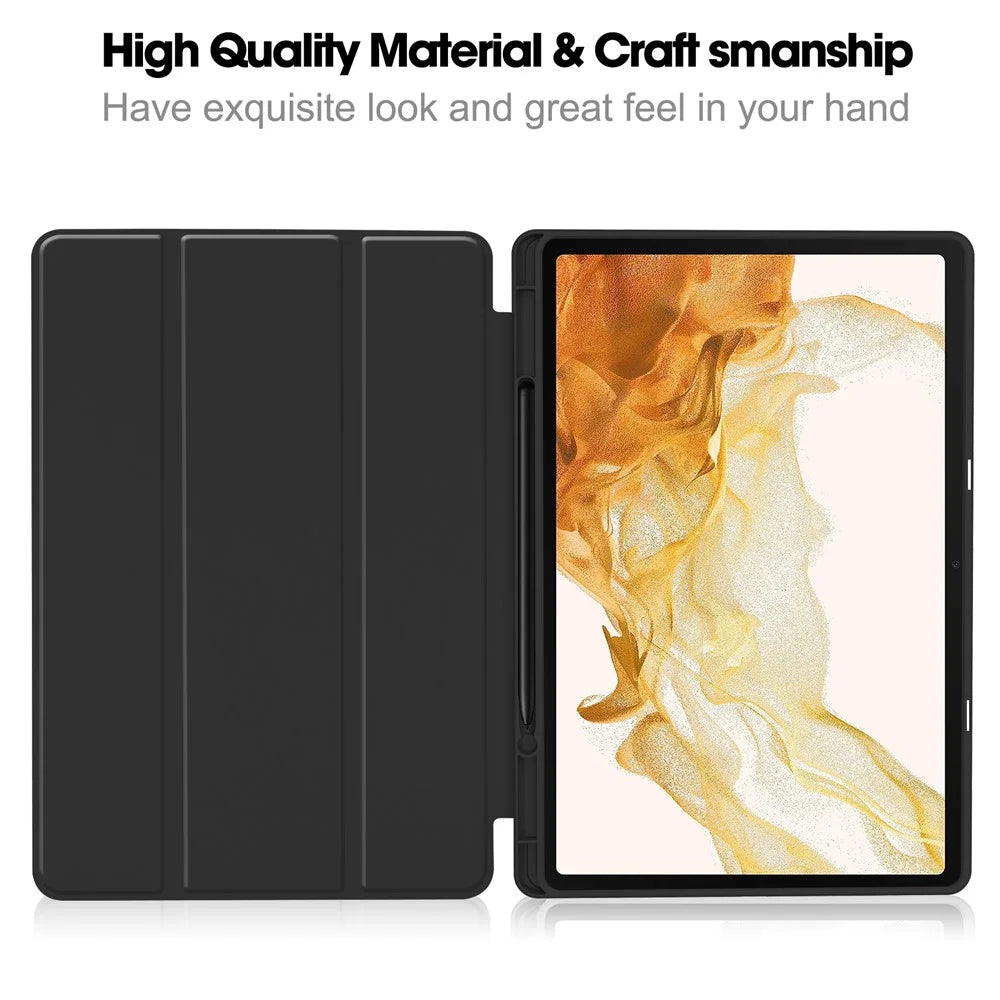 For Samsung Galaxy Tab S9+ PU Leather Case Tri-fold Stand Smart Tablet Cover with Pen Slot - Black - 5