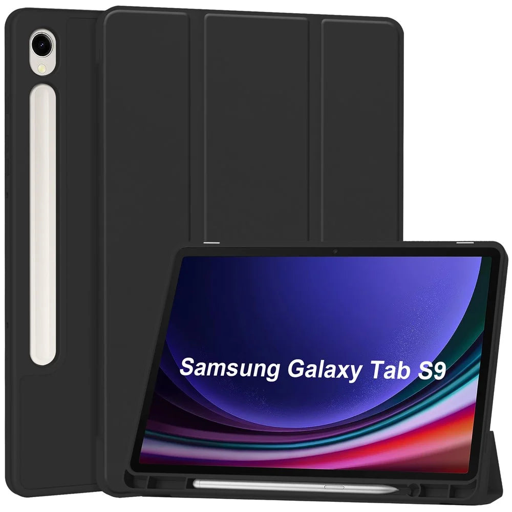 Tri-fold Stand Case for Samsung Galaxy Tab S10 Lite / S10 FE / S9 FE / S9 PU Leather Tablet Cover with Pen Slot - Black - 1