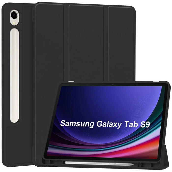 Tri-fold Stand Case for Samsung Galaxy Tab S10 Lite / S10 FE / S9 FE / S9 PU Leather Tablet Cover with Pen Slot - Black - 1