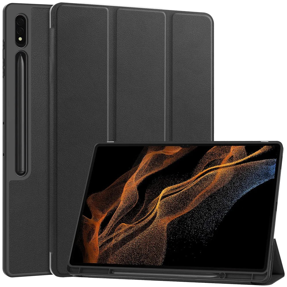 Smart Tablet Case for Samsung Galaxy Tab S9 Ultra , PU Leather Tri-fold Stand Cover with Pen Slot - Black - 1