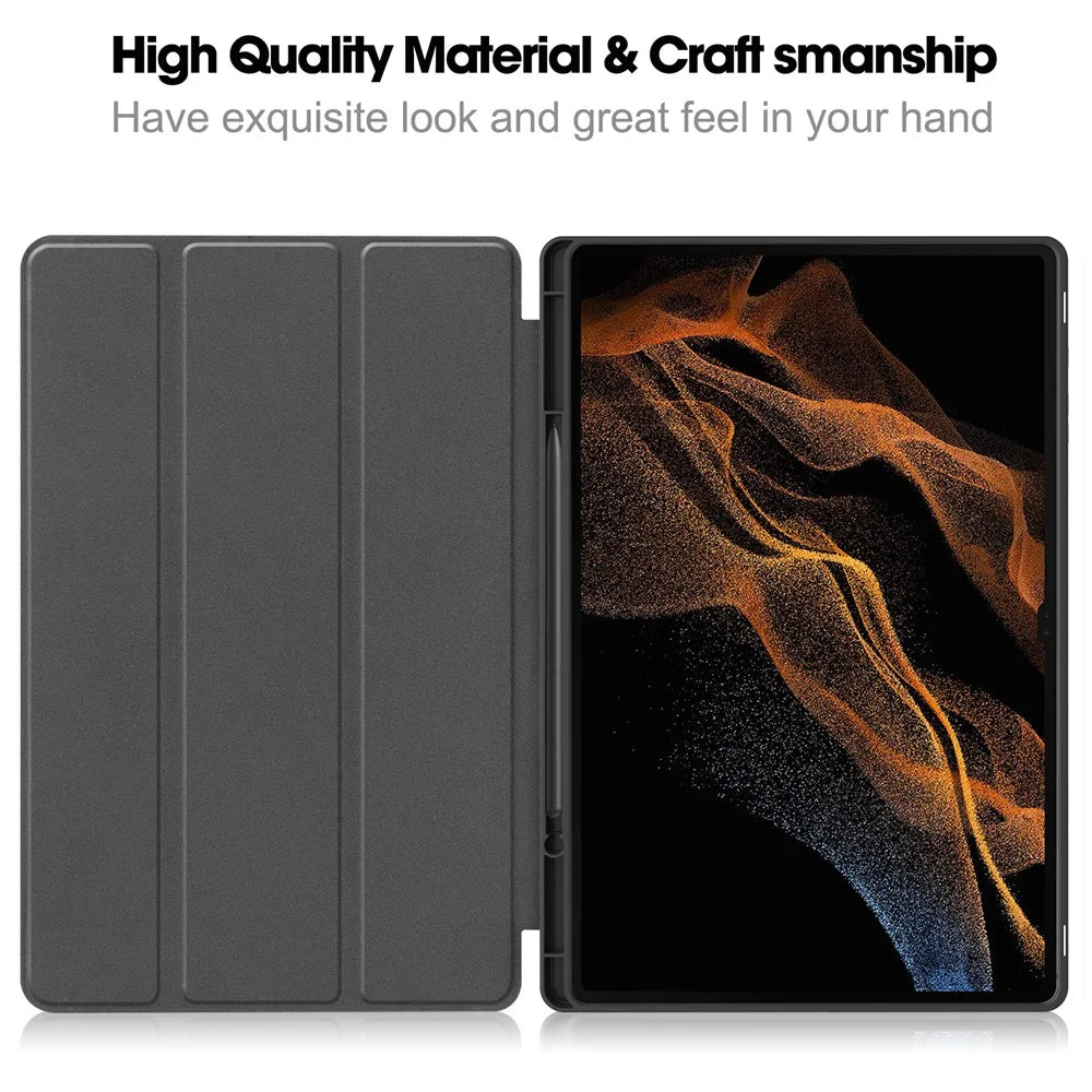 Smart Tablet Case for Samsung Galaxy Tab S9 Ultra , PU Leather Tri-fold Stand Cover with Pen Slot - Black - 2
