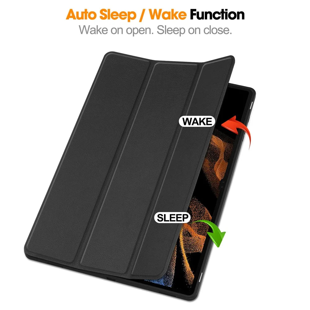 Smart Tablet Case for Samsung Galaxy Tab S9 Ultra , PU Leather Tri-fold Stand Cover with Pen Slot - Black - 4