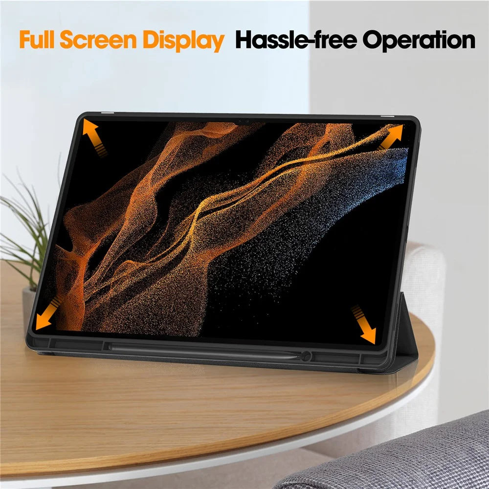 Smart Tablet Case for Samsung Galaxy Tab S9 Ultra , PU Leather Tri-fold Stand Cover with Pen Slot - Black - 6