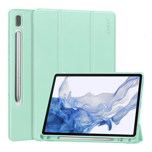 ENKAY HAT PRINCE For Samsung Galaxy Tab S9 Tri-fold Stand Tablet Case PU Leather + TPU Smart Cover with Pencil Holder - Light Green - 1