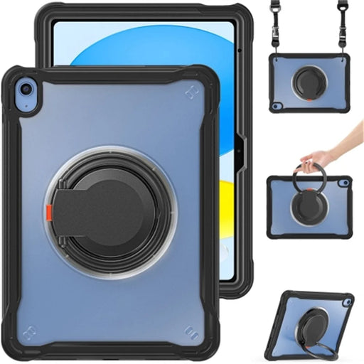 For iPad (2025) / 10.9 (2022) 360-Degree Rotating Kickstand PC+TPU Cover Shockproof Portable Tablet Case with Shoulder Strap - Black - 1